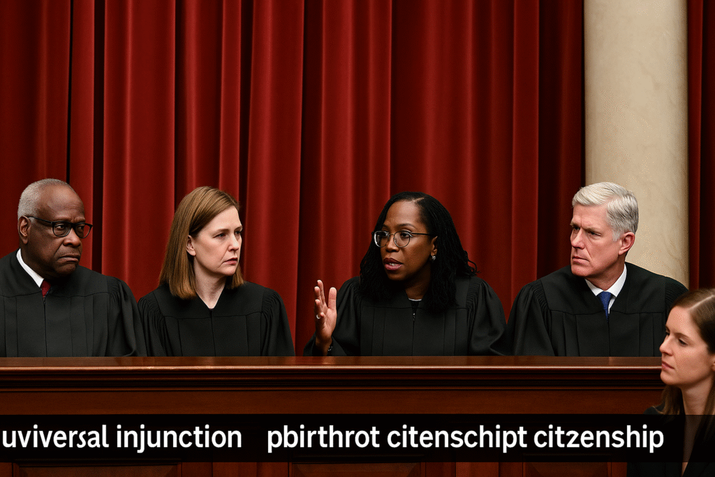 Supreme Court justices debating universal injunction and birthright citizenship